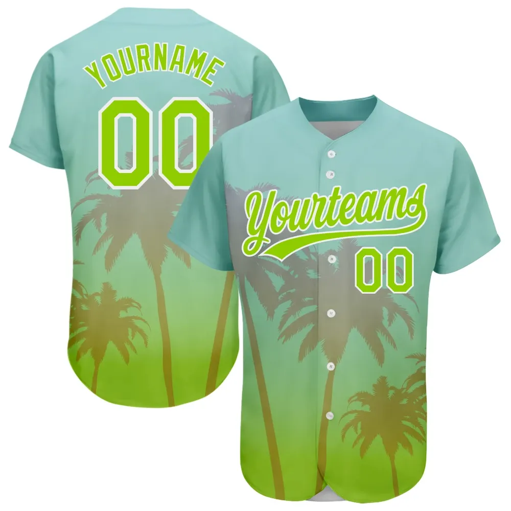 3DPattern2046.webp Custom Aqua Neon Green-White 3D Pattern Design Hawaii Palm Trees Authentic Baseball Jersey - Image 1