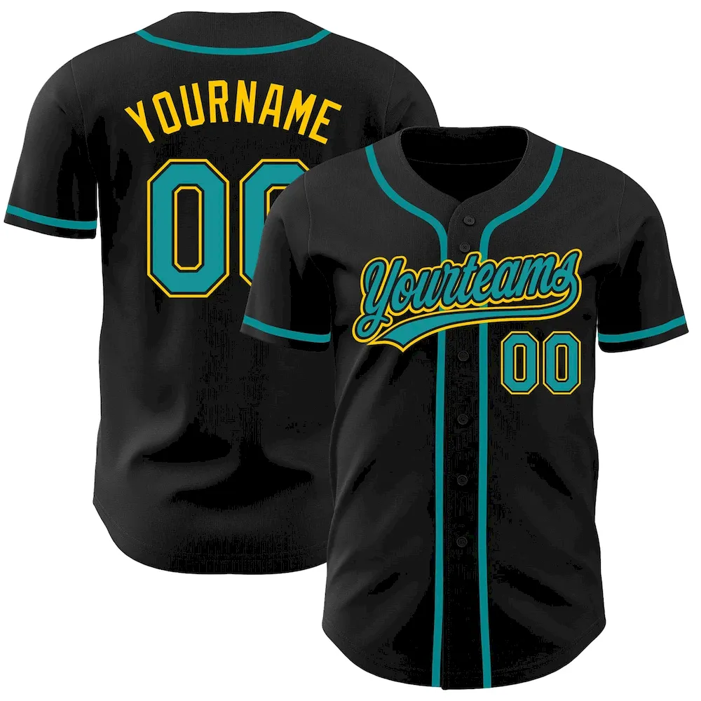Black1251_de5c638a-81e1-448d-81e3-c214d7c5b2fd.webp Custom Black Teal-Gold Authentic Baseball Jersey - Image 1