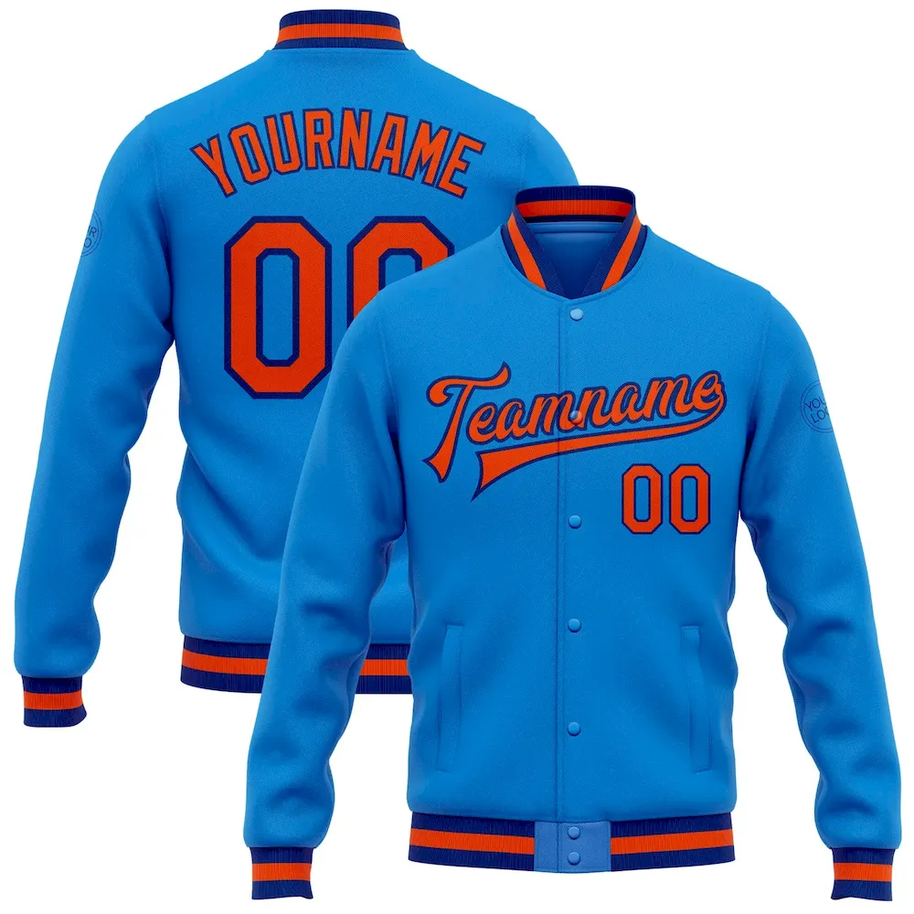 Jacket1290.webp Custom Powder Blue Orange-Royal Bomber Full-Snap Varsity Letterman Jacket - Image 1