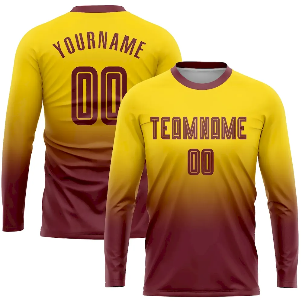 Soccer0463.webp Custom Gold Burgundy Sublimation Long Sleeve Fade Fashion Soccer Uniform Jersey - Image 1