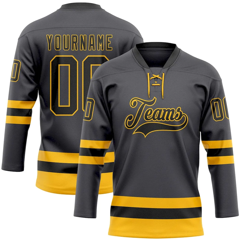 SteelGray0075.webp Custom Steel Gray Black-Gold Hockey Lace Neck Jersey - Image 1
