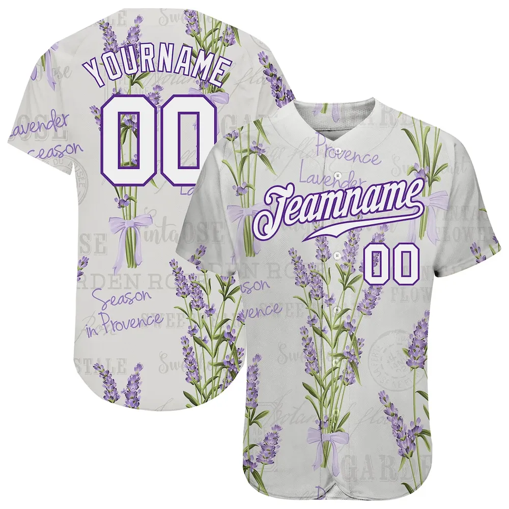 white_0824.webp Custom White White-Purple 3D Pattern Design Lavenders Authentic Baseball Jersey - Image 1
