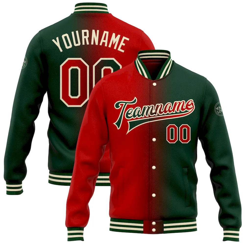 Jacket2256.webp Custom Green Red-Cream Bomber Full-Snap Varsity Letterman Gradient Fashion Jacket-kids - Image 1