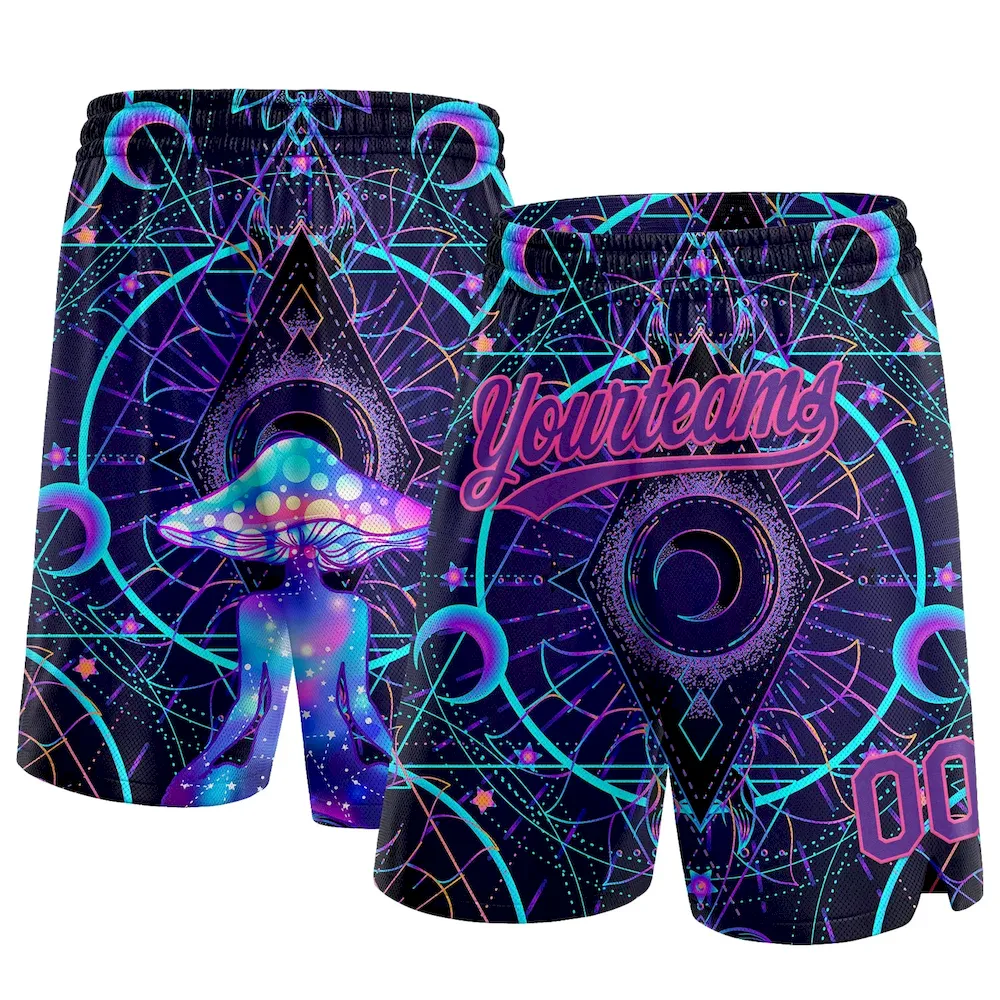 3DPattern1345.webp Custom Black Purple-Pink 3D Pattern Magic Mushrooms Over Sacred Geometry Psychedelic Hallucination Authentic Basketball Shorts - Image 1