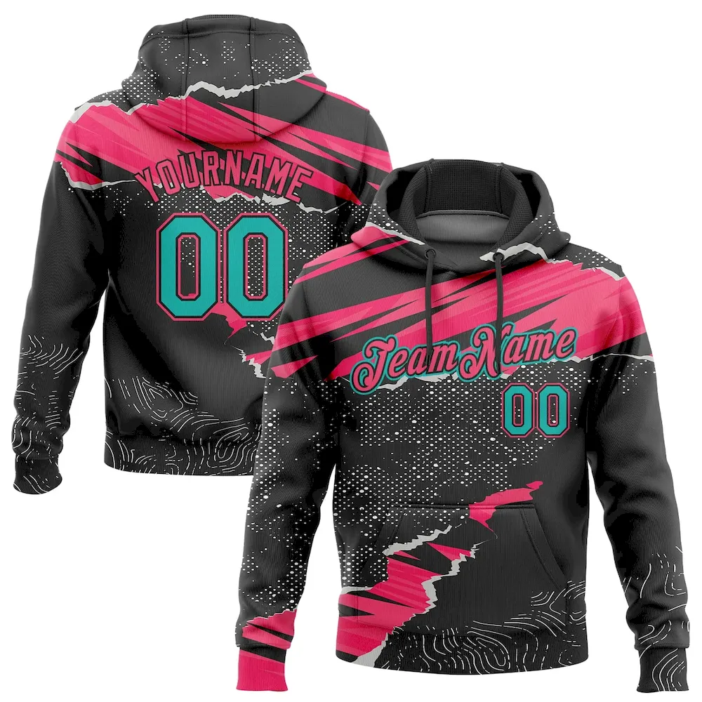 3DPattern1782.webp Custom Stitched Black Aqua-Neon Pink 3D Pattern Design Torn Paper Style Sports Pullover Sweatshirt Hoodie - Image 1