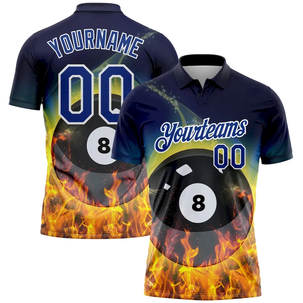 GolfPolo0970.webp Custom Royal White 3D Pattern Design Flame Billiards 8 Ball Performance Polo Shirt - Image 1