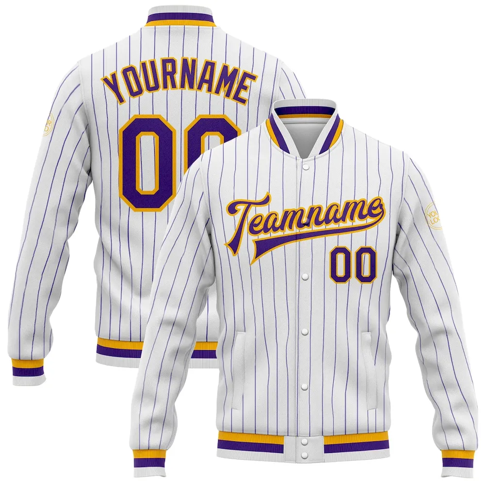 Jacket0342_48fbc2a5-c842-42da-a10c-c1af7e72afdb.webp Custom White Purple Pinstripe Purple-Gold Bomber Full-Snap Varsity Letterman Jacket - Image 1