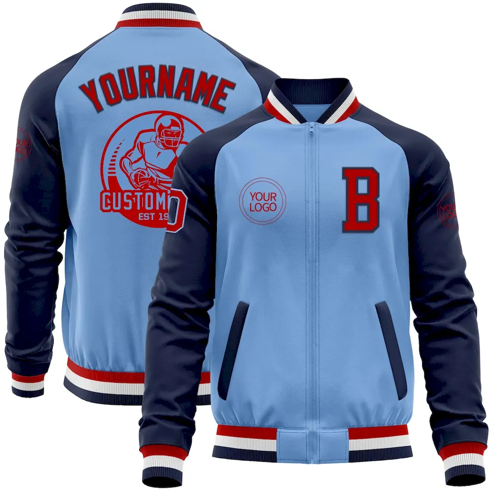 Jacket5868.webp Custom Light Blue Red-Navy Bomber Varsity Letterman Two Tone Zipper Jacket - Image 1